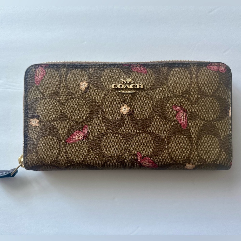 NWOT COACH Brown Pink Butterfly Accordion Zip Wallet